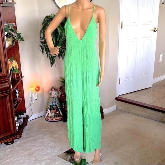 ASOS Green Jumpsuit Spaghetti Strap Open Back Long Romper Cruise Viscose Coverup - Picture 1 of 16